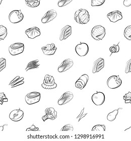 Fruits, Snacks and Vegetables set. Background for printing, design, web. Usable as icons. Seamless. Monochrome binary, black and white.