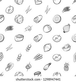 Fruits, Snacks and Vegetables set. Background for printing, design, web. Usable as icons. Seamless. Monochrome binary, black and white.