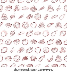 Fruits, Snacks and Vegetables set. Background for printing, design, web. Usable as icons. Seamless. Binary color.