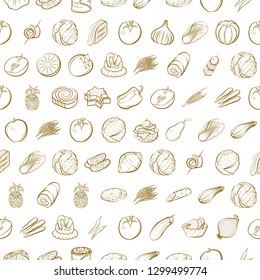 Fruits, Snacks and Vegetables set. Background for printing, design, web. Usable as icons. Seamless. Binary color.