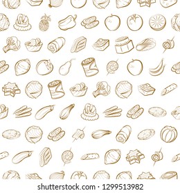 Fruits, Snacks and Vegetables set. Background for printing, design, web. Usable as icons. Seamless. Binary color.