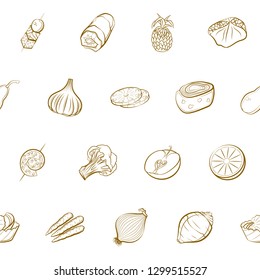 Fruits, Snacks and Vegetables set. Background for printing, design, web. Usable as icons. Seamless. Binary color.