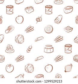 Fruits, Snacks and Vegetables set. Background for printing, design, web. Usable as icons. Seamless. Binary color.
