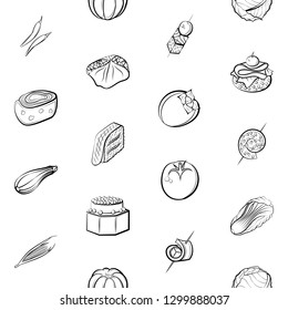 Fruits, Snacks and Vegetables set. Background for printing, design, web. Usable as icons. Seamless. Monochrome binary, black and white.