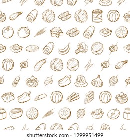 Fruits, Snacks and Vegetables set. Background for printing, design, web. Usable as icons. Seamless. Binary color.