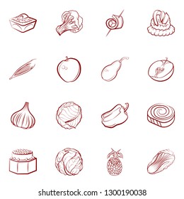 Fruits, Snacks and Vegetables set. Background for printing, design, web. Usable as icons. Binary color.