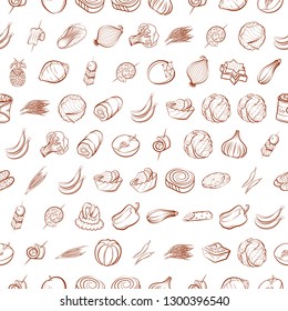 Fruits, Snacks and Vegetables set. Background for printing, design, web. Usable as icons. Seamless. Binary color.