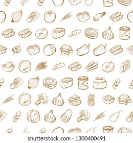 Fruits, Snacks and Vegetables set. Background for printing, design, web. Usable as icons. Seamless. Binary color.