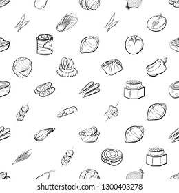 Fruits, Snacks and Vegetables set. Background for printing, design, web. Usable as icons. Seamless. Monochrome binary, black and white.