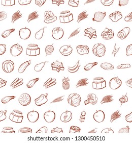 Fruits, Snacks and Vegetables set. Background for printing, design, web. Usable as icons. Seamless. Binary color.