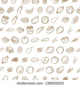 Fruits, Snacks and Vegetables set. Background for printing, design, web. Usable as icons. Seamless. Binary color.