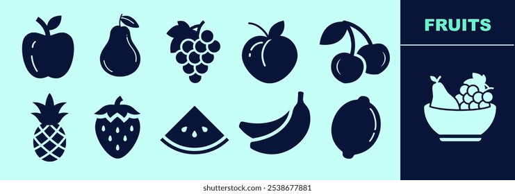 Frutas ícone SÓLIDO conjunto para logotipo, marketing, trabalho digital. Maçã, pera, banana, abacaxi, cereja, pêssego, uvas, morango, melancia, limão. Contorno, tamanho e cor editáveis.