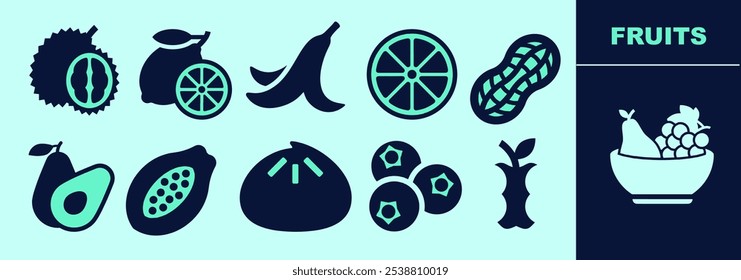 Fruits SOLID icon set for logo, marketing, digital work. Rambutan, lemon, orange, banana peel, pear, papaya, fig, blackberries, apple pit, peanut. Editable outline, size and color.