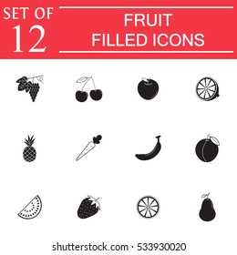 Fruits solid pictograms package, organic vegetarian food symbols collection, vector sketches, logo illustrations, healthy diet filled icons isolated on white background, eps 10.