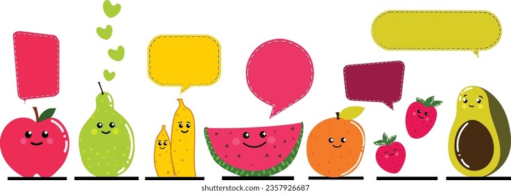  Fruits Speech Bubble concepto vector diseño aislado, Cute fruta 2d carácter hablar, frutas divertidas