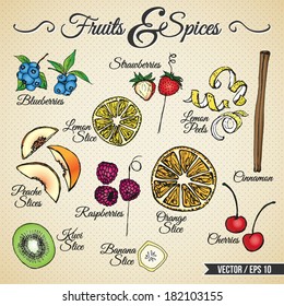 Fruits and spices drawings set for different usage 