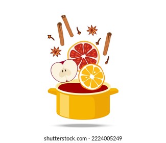 Fruits and spices falling into Saucepan for cooking mulled wine. Mulled wine recipe ingredients. Organic food printing poster. Recipes, winter homemade drink, learning concept, cooking class, menu.