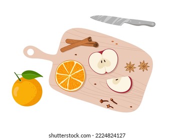 Frutas, especias, cuchillo se encuentran en la tabla de corte para cocinar bebidas y comidas picantes. Ingredientes de la receta. Cartel de la impresión de comida orgánica. Recetas, bebida casera de invierno, concepto de aprendizaje, clase de cocina, menú