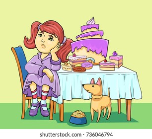 Fruits of the Spirit - Abstinence - illustration with girl, sweets and dog