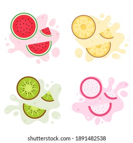 Fruits splash. Exotic and tropical fruits: watermelon, pineapple, kiwi, pitaya. Vector illustration