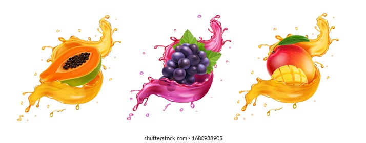 Fruits in splash of juice. Mango, grapes, papaya realistic vector set.