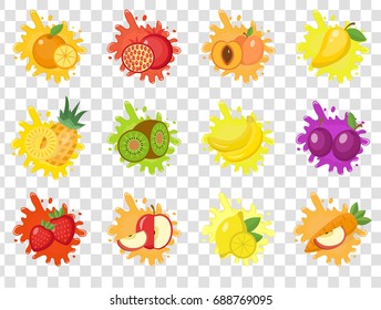 Fruits splash set of labels. Fruit splashes, drops emblem.Isolated on a transparent background. Splash and blot kit. Vector illustration
