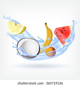 Fruits in splashing water. EPS10 vector