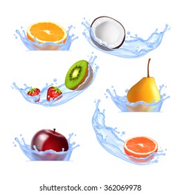 Fruits in splashing water. Set of vector icons. EPS10 vector