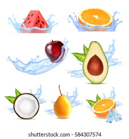Fruits in splashing water. Set of vector icons. EPS10 vector