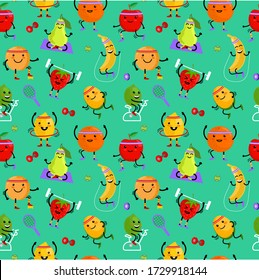 Fruits sportsman seamless pattern. Cute Sport fruits characters. Healthy eating. Summer seamless vector pattern background illustration with fresh fruits. Funny Fruits for kids on a bright background.