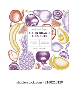 Tarjeta cuadrada de frutas o diseño de invitación. Diseño de cuadros con bananas, peras, kiwi, etc.