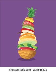 Fruits stack tower mixed juice - pineapple, strawberry, kiwi, orange, apple, melon, watermelon