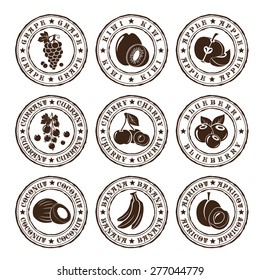 Fruits stamps set. Grape, kiwi, apple, currant, cherry, blueberry, coconut, banana, apricot stickers.