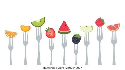 Fruits sticked on forks. Healthy eating concept vector illustration.