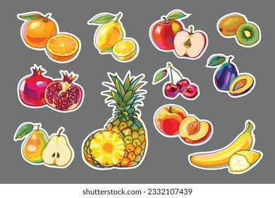 Fruits stickers. Apple, pear, peach, plum, banana, pineapple, kiwi, cherry, lemon, orange, pomegranate.  Set of stickers, patches, pins.  Colorful fruits in cartoon style. Vector.