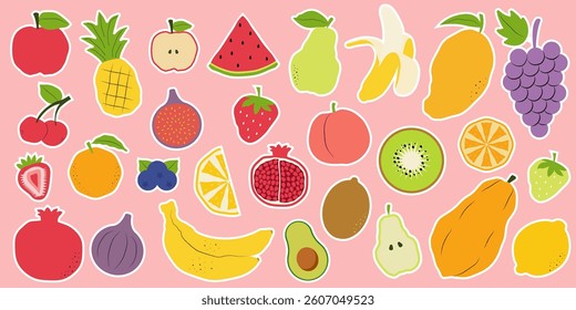 Fruits stickers collection. Vector fruits icon stickers set isolated on pink background	