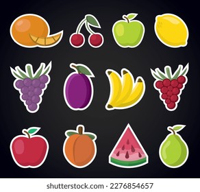 fruits, stickers set. apple, grape, peach, lemon, pear, plum, orange, cherry, banana, watermelon. healthy food, fruits, berries, simple cartoon flat vector objects.