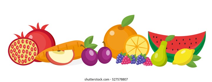 Fruits still life, isolated on white background. Fruit horizontal banner. Fruit set. Vector illustration