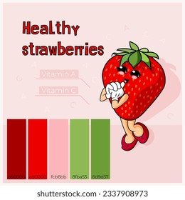 Fruits. Strawberries are delicious and healthy. Red color with arms and legs. Groovy style. Vitamin A and Vitamin C. Proper nutrition. Baby food.