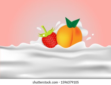 Fruits, strawberry, apricot  with white yogurt splash vector  background.   
 white Milk shake for banner, layout,advertising. 