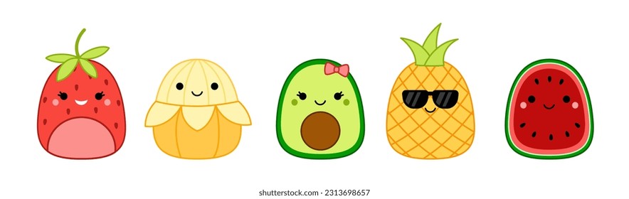 Fruits. Strawberry, banana, avocado, pineapple, watermelon. Squishmallow. Cute soft plush toy. Pillow. Kawaii, cartoon. Isolated vector illustration eps 10