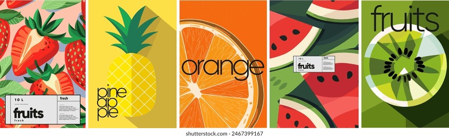 Fruits: strawberry, pineapple, orange, watermelon and kiwi. Vector minimalistic geometric flat illustration of summer abstract tropical fruits and berries for poster, label or background