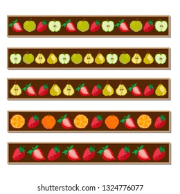 Fruits. Strips, lines of berries and fruits: apple, strawberry, pear, orange. Pixel. Vector. Embroidery