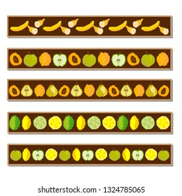 Fruits. Strips, lines of berries and fruits: banana, apricot, apple, lemon, lime. Pixel. Vector. Embroidery