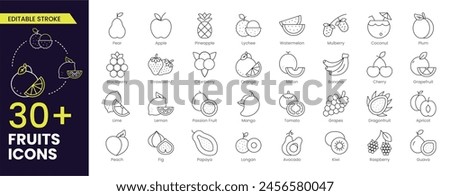 Fruits Stroke icon collections. Containing apple, banana, strawberry, orange, watermelon, coconut, avocado and lemon icons. Stroke icon collection Outline icon