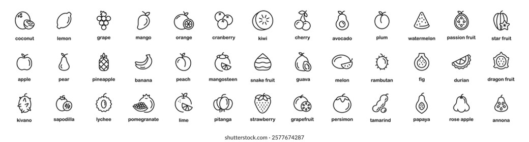 Fruits Stroke icon collections. Fruits - thin line web icon set. Outline icons collection. Simple vector illustration. Strawberry, peach, apple, raspberry, pear, banana, orange