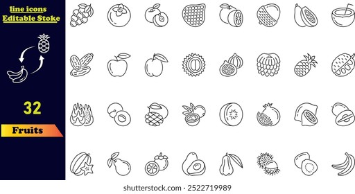 Frutas conjunto de ícone de traçado incluindo maçã, banana, morango, laranja, melancia, coco, abacate e limão. Coleção de ícones de tópicos com traçados editáveis.