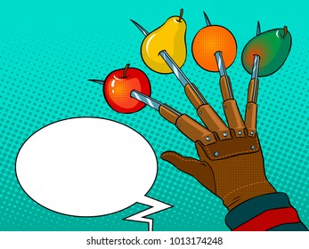 Fruits are strung on blades of hand pop art retro vector illustration. Horror metaphor. Text bubble. Color background. Comic book style imitation.