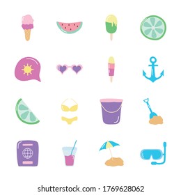 conjunto de iconos de frutos y verano sobre fondo blanco, estilo plano, ilustración vectorial