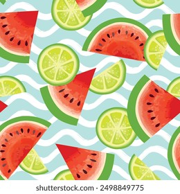 Patrón de verano de frutas. Sandía fresca, lima, menta en rodajas. Vector de fondo colorido con frutas.